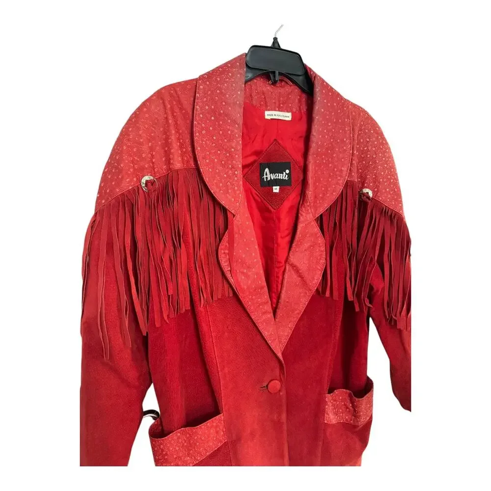 Vintage 1980s Avanti Red Suede Western Fringe Frontier Leather Coat medium - Picture 5 of 16